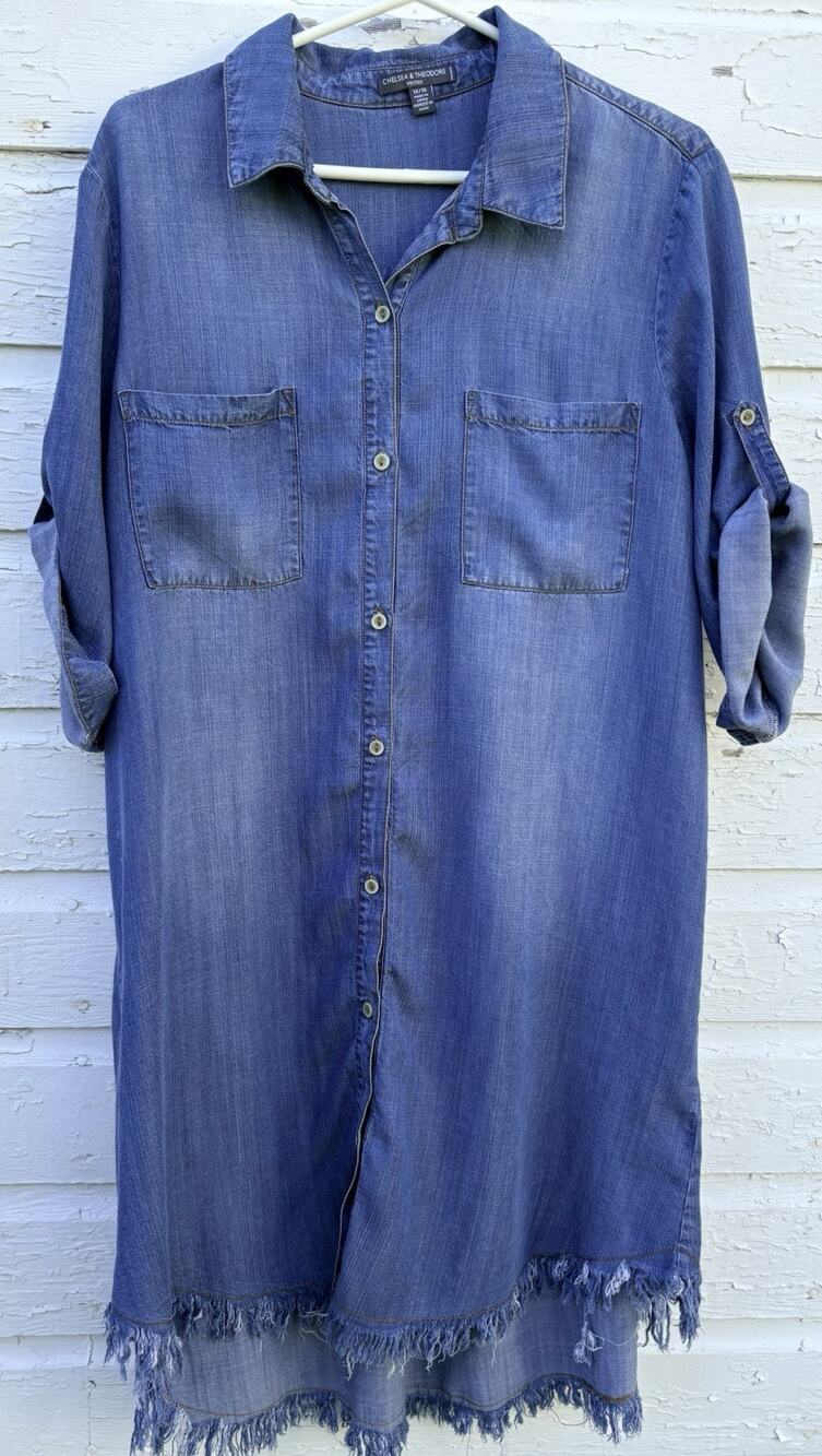 Chambray Denim Dress Womens 1X 16 Shirt Dress Roll Tab Fringe Hem Boho Country